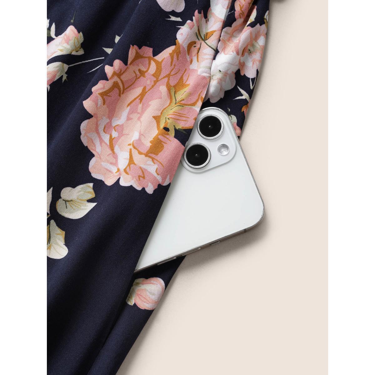 Plus Size Floral Wrap Elastic Waist Belted Sleeveless Dress DarkBlue Women Elegant Non Spaghetti Strap Sleeveless Curvy Midi Dress BloomChic 30/6X Product Image