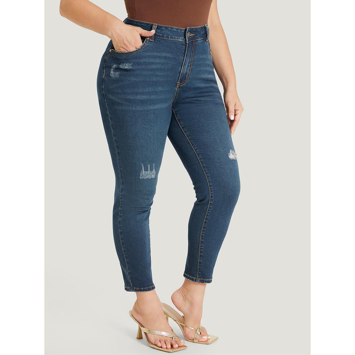 Plus Size Skinny Moderately Stretchy High Rise Dark Wash Ripped Jeans Women DarkBlue Casual Plain Medium stretch Pocket Jeans BloomChic 28/5X Product Image
