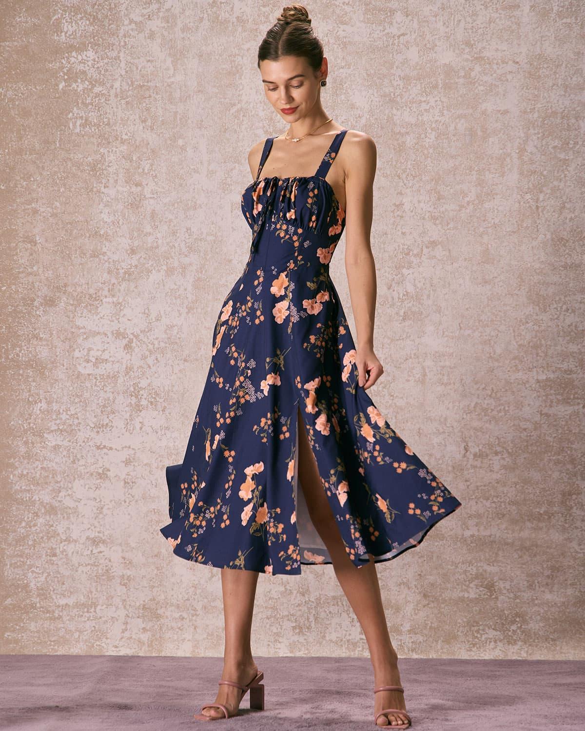 The Navy Lace Up Floral Ruched Midi Dress Product Image