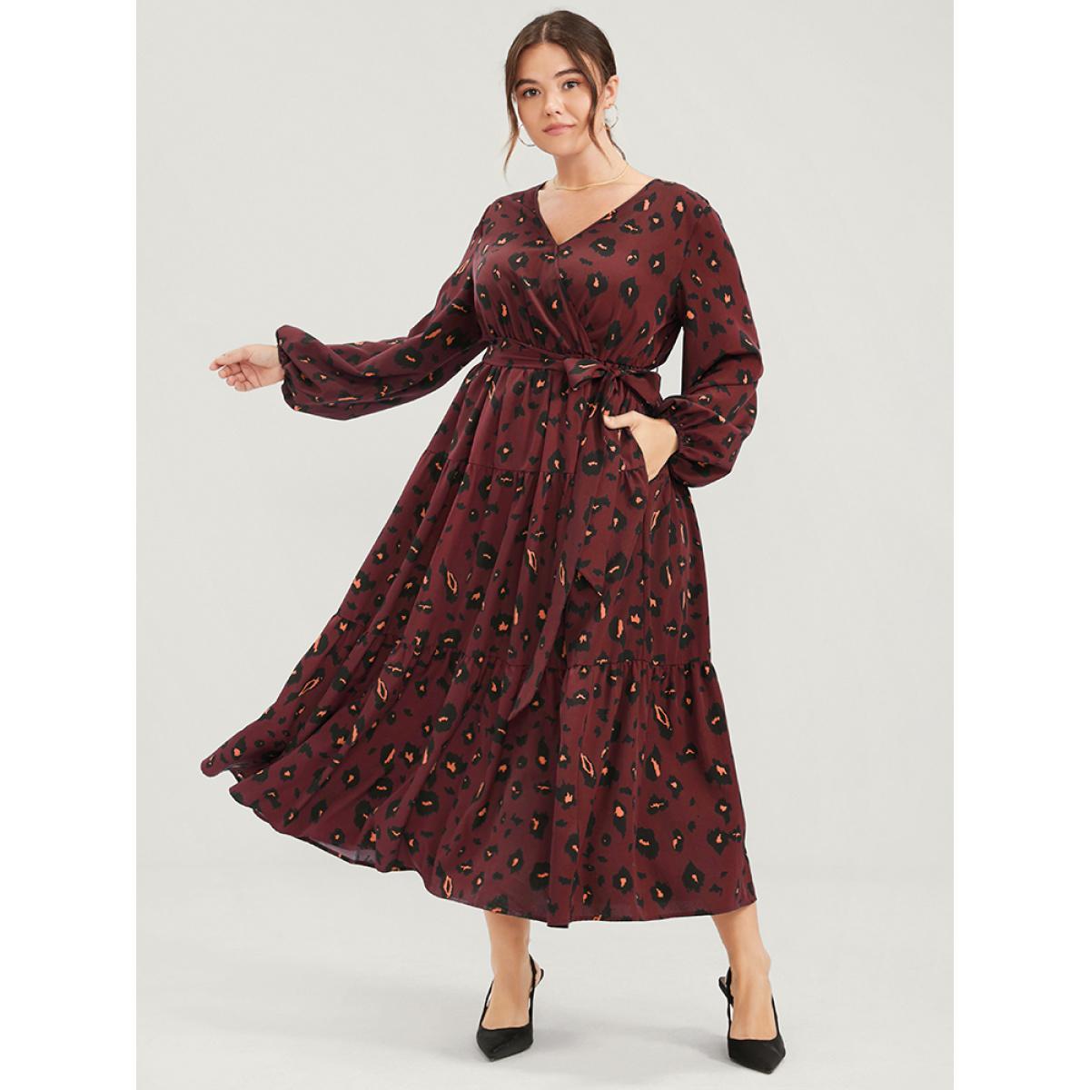 Plus Size Pocket Button Surplice Neck Allover Print Belted Dress Scarlet Women Party Cross straps V-neck Long Sleeve Curvy Long Dress BloomChic 26/4X Product Image