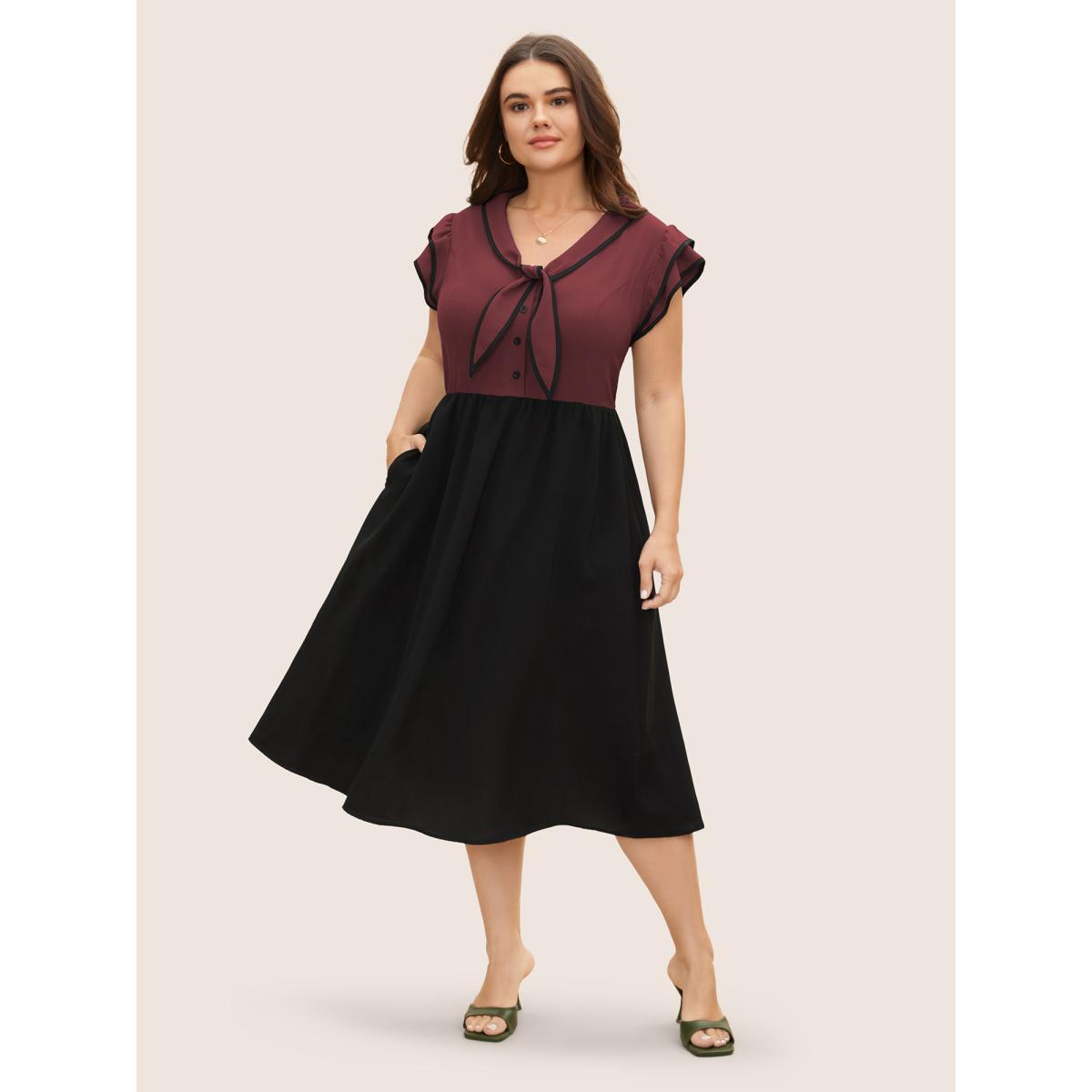 Plus Size Two-colored Knot Tie Midi Dress Burgundy Women Elegant Tie knot V-neck Cap Sleeve Curvy BloomChic 28/5X Product Image