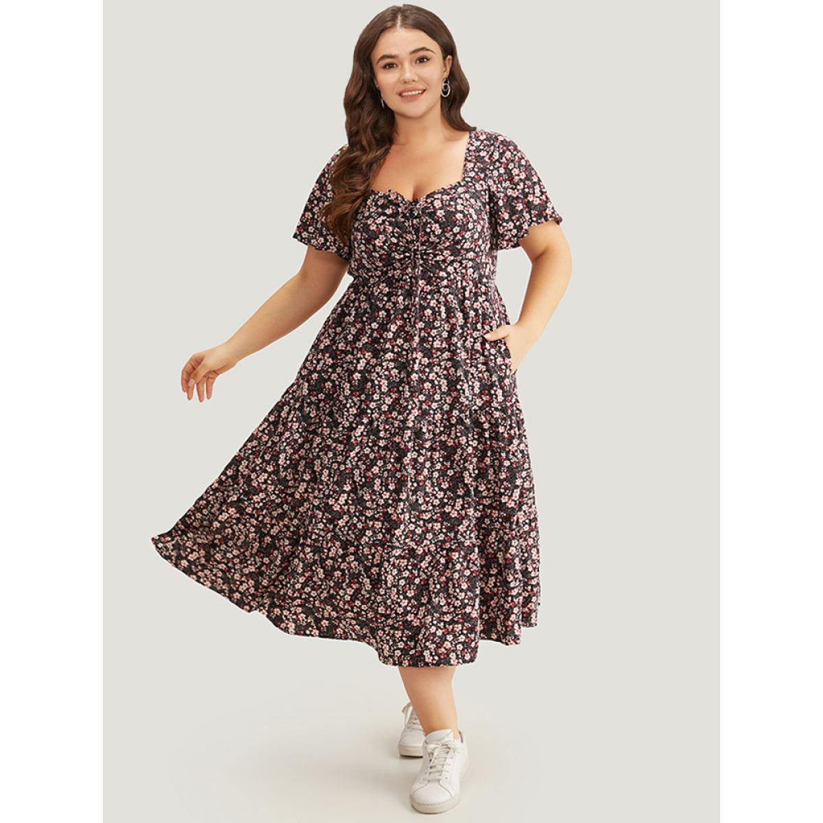 Plus Size Ditsy Floral Pocket Drawstring Ruched Flutter Sleeve Dress Black Women Elegant Printed Square Neck Short sleeve Curvy Midi Dress BloomChic 30/6X Product Image