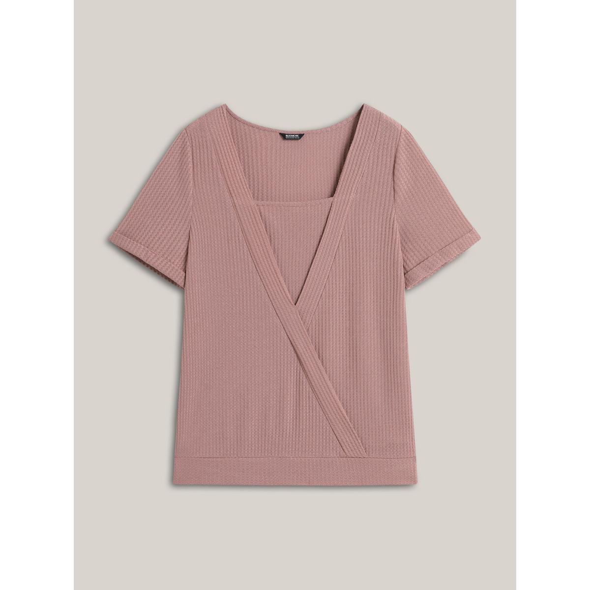 Plus Size 2-in-1 Wrap Textured Solid T-Shirt Dirtypink Women Casual Overlapping Non Everyday-Casual T-shirts BloomChic 22-24/3X Product Image