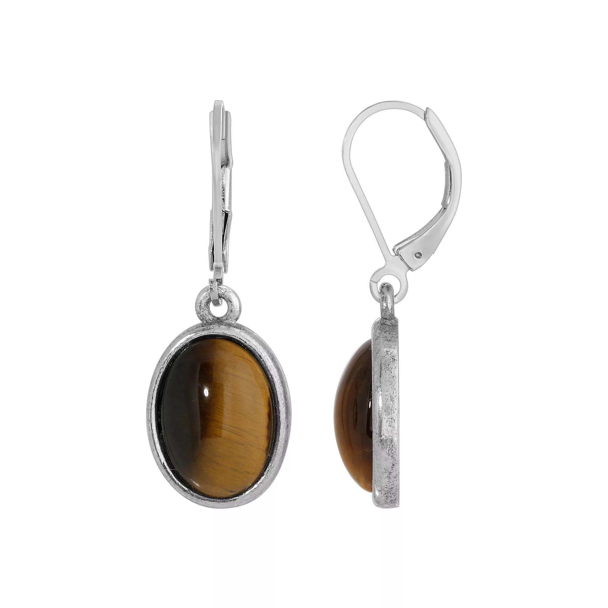 1928 Silver Tone Stone Oval Drop Earrings, Womens, Brown Product Image