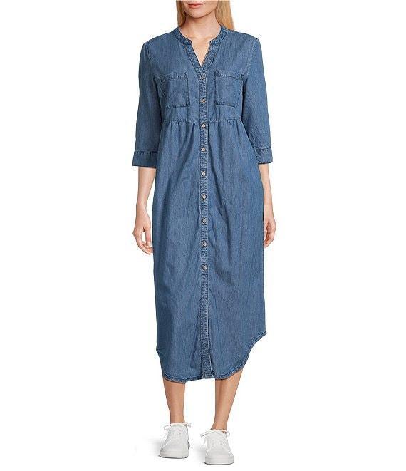Westbound 3/4 Rolled Sleeve Y-Neck Button Front Midi Shirt Dress Product Image