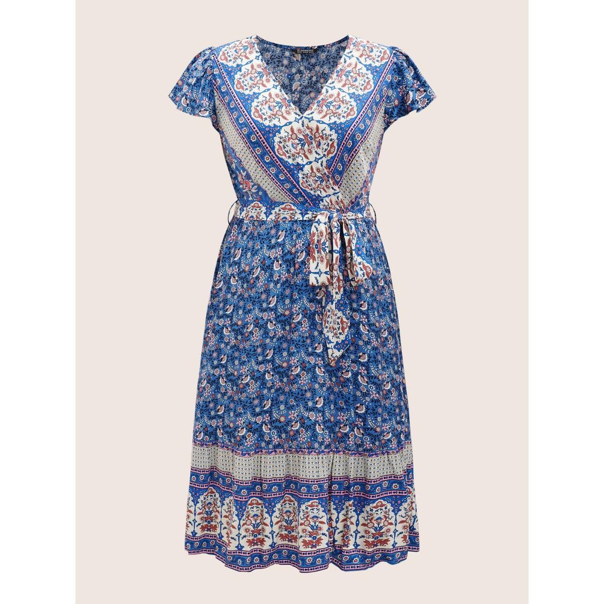 Plus Size Boho Print Surplice Neck Belted Dress Blue Women Resort Overlapping V-neck Cap Sleeve Curvy BloomChic 26/4X Product Image