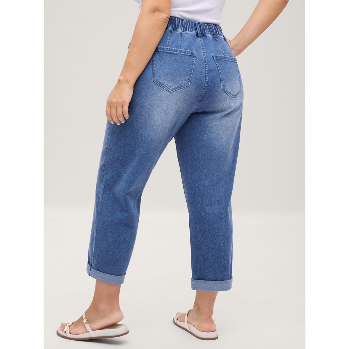 Plus Size Stretch No-Gap Elastic Waist Jeans Women Midblue High stretch Slanted pocket Jeans BloomChic 22/3X Product Image