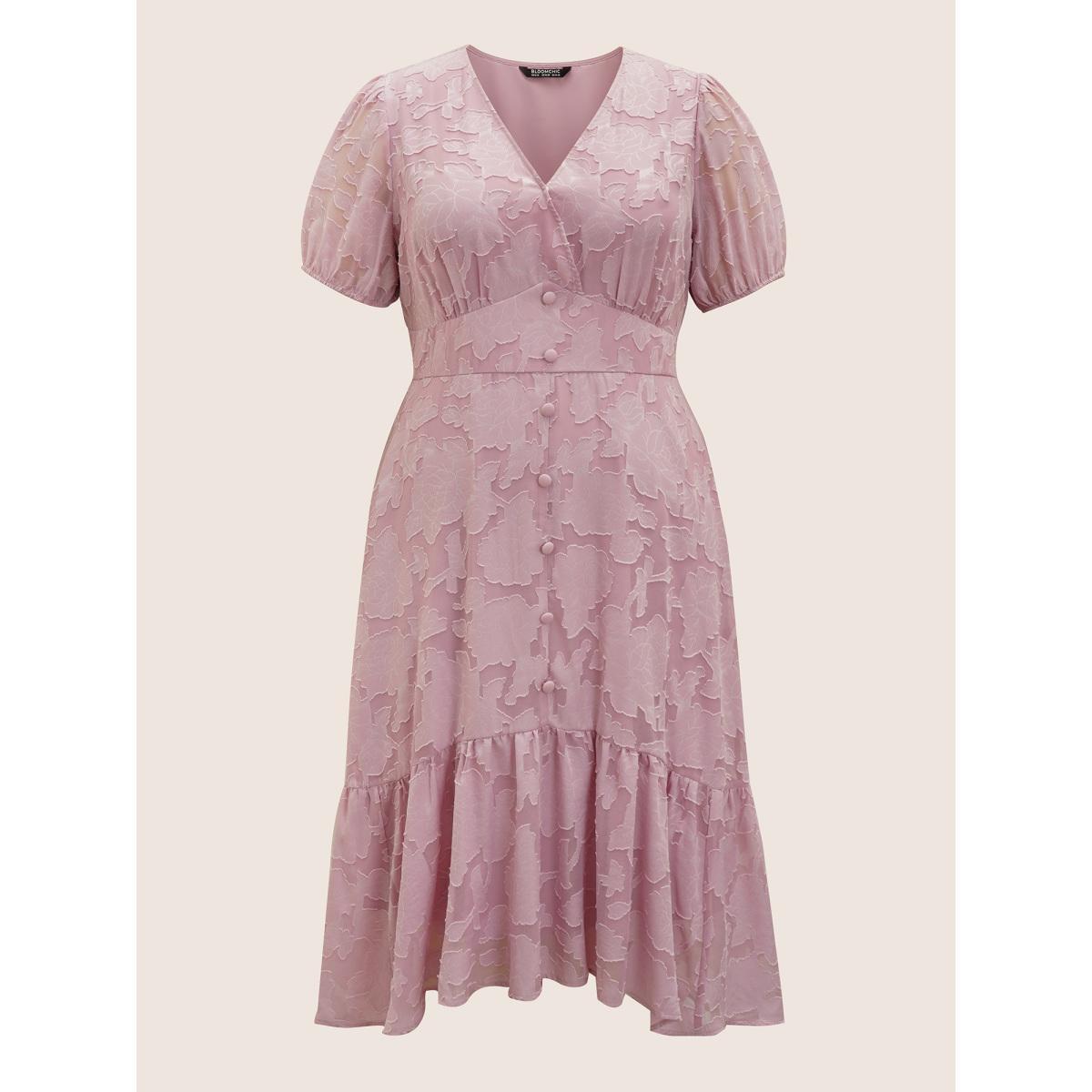 Plus Size Solid Textured Lantern Sleeve Button Detail Dress Lightpink Women Elegant Button V-neck Short sleeve Curvy BloomChic 18-20/2X Product Image