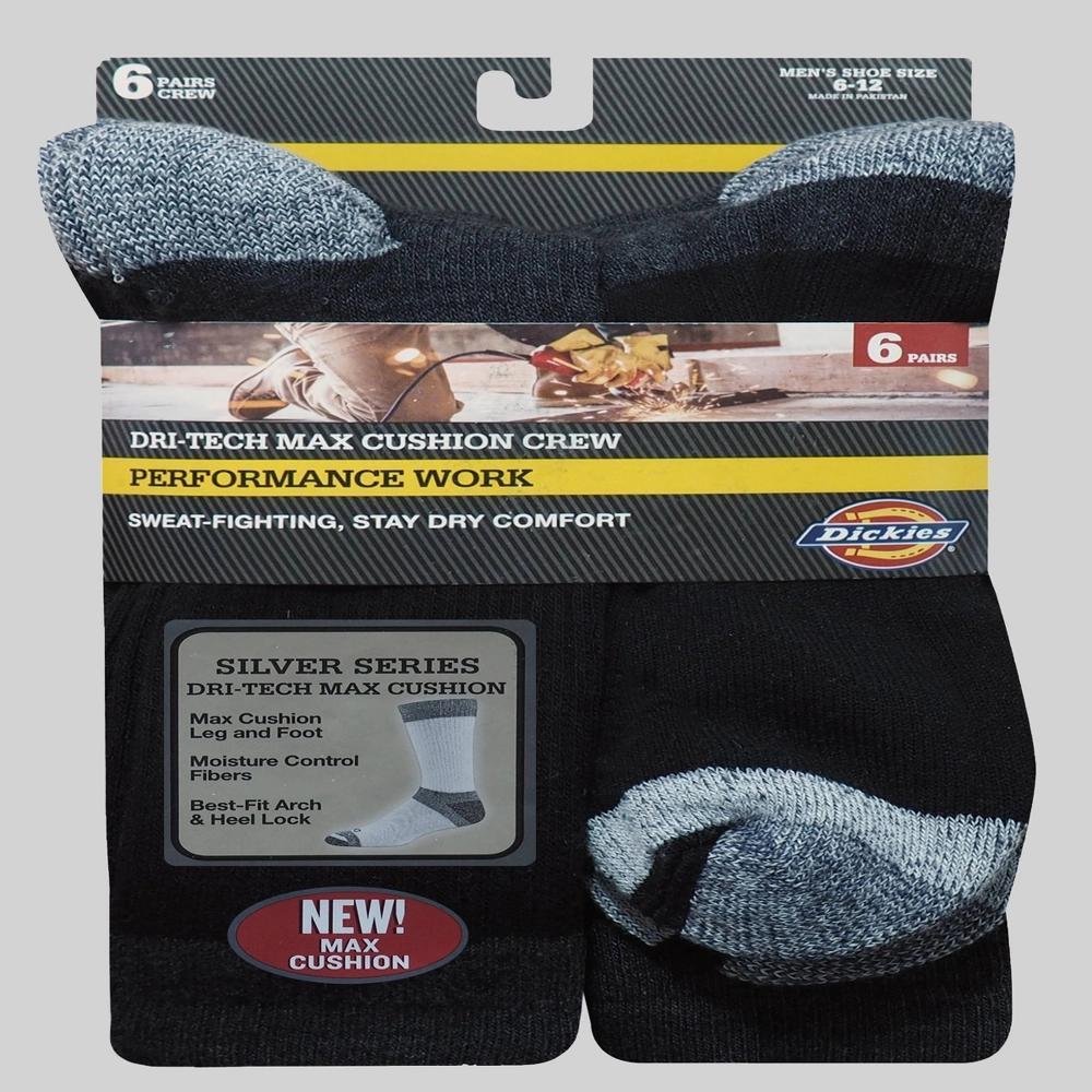 Dickies Men's 6pk Dri-Tech Max Cushion Crew Socks 6-12: Midweight, Tagless, Solid Pattern Product Image