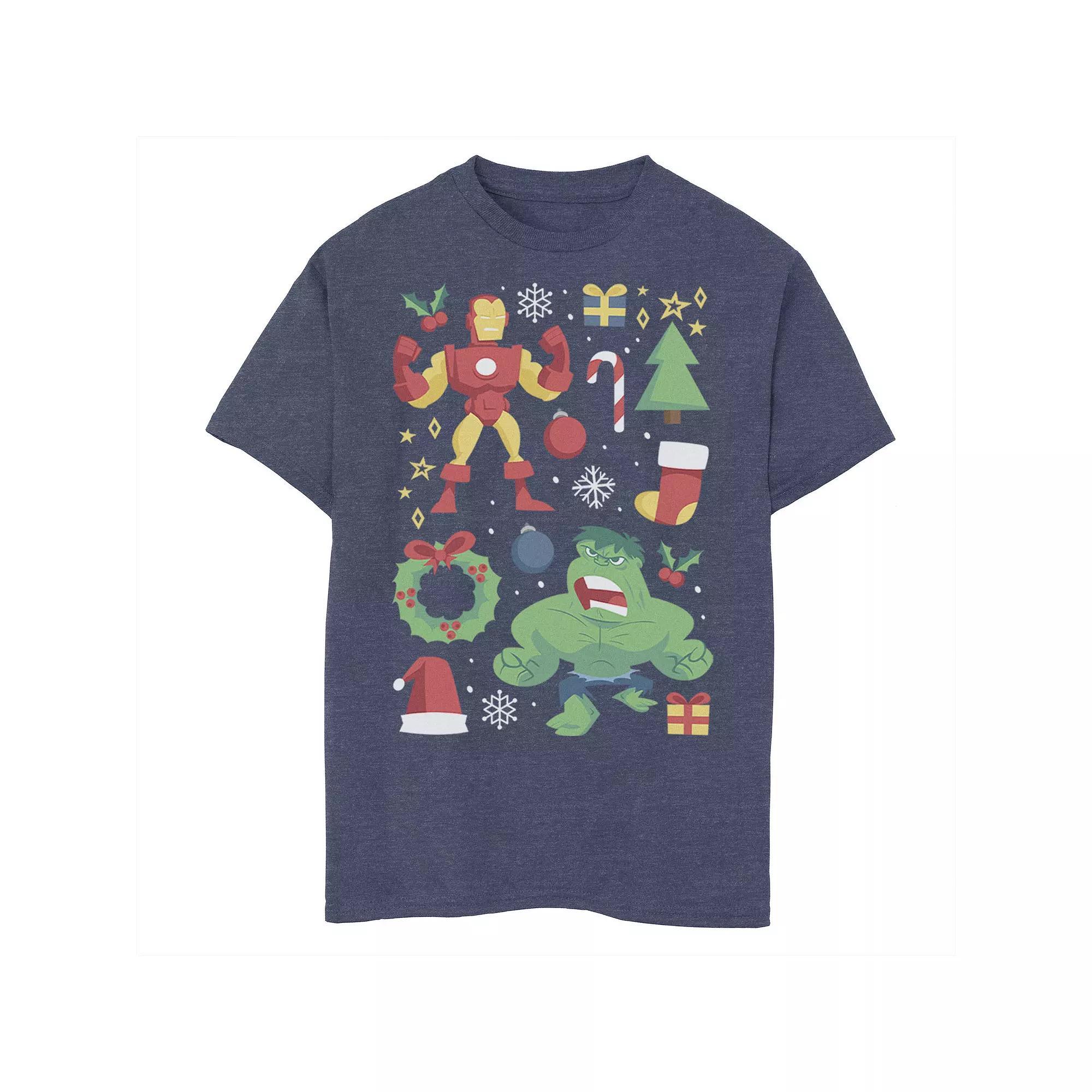 Boys 8-20 Marvel Avengers Iron Man And Hulk Holiday Collage Graphic Tee, Boy's, Size: Small, Blue Product Image