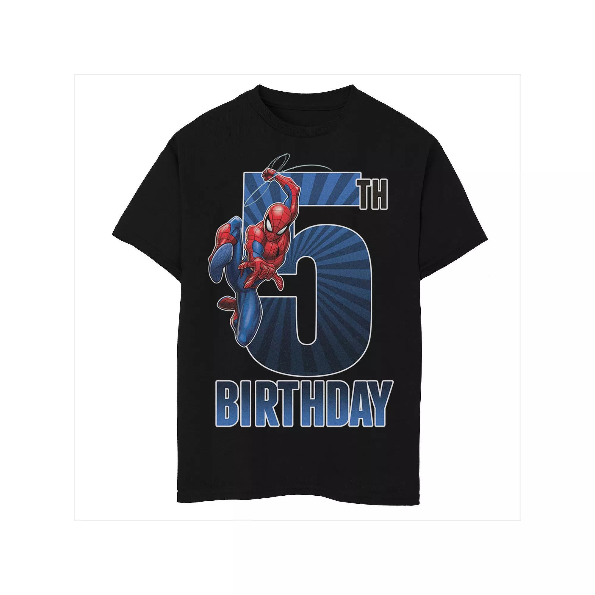 Boys Marvel Spider-Man Swinging 5th Birthday Husky Graphic Tee, Boy's, Size: XL HUSKY, Black Product Image