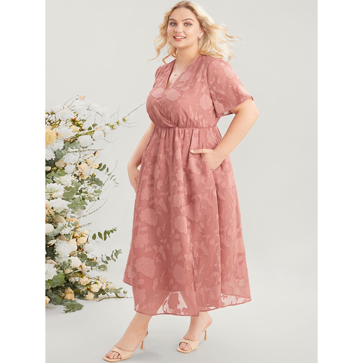 Plus Size Plain Surplice Neck Split Mesh Pocket Ruffles Dress Rouge Women Elegant See through Overlap Collar Short sleeve Curvy Long Dress BloomChic 10/M Product Image