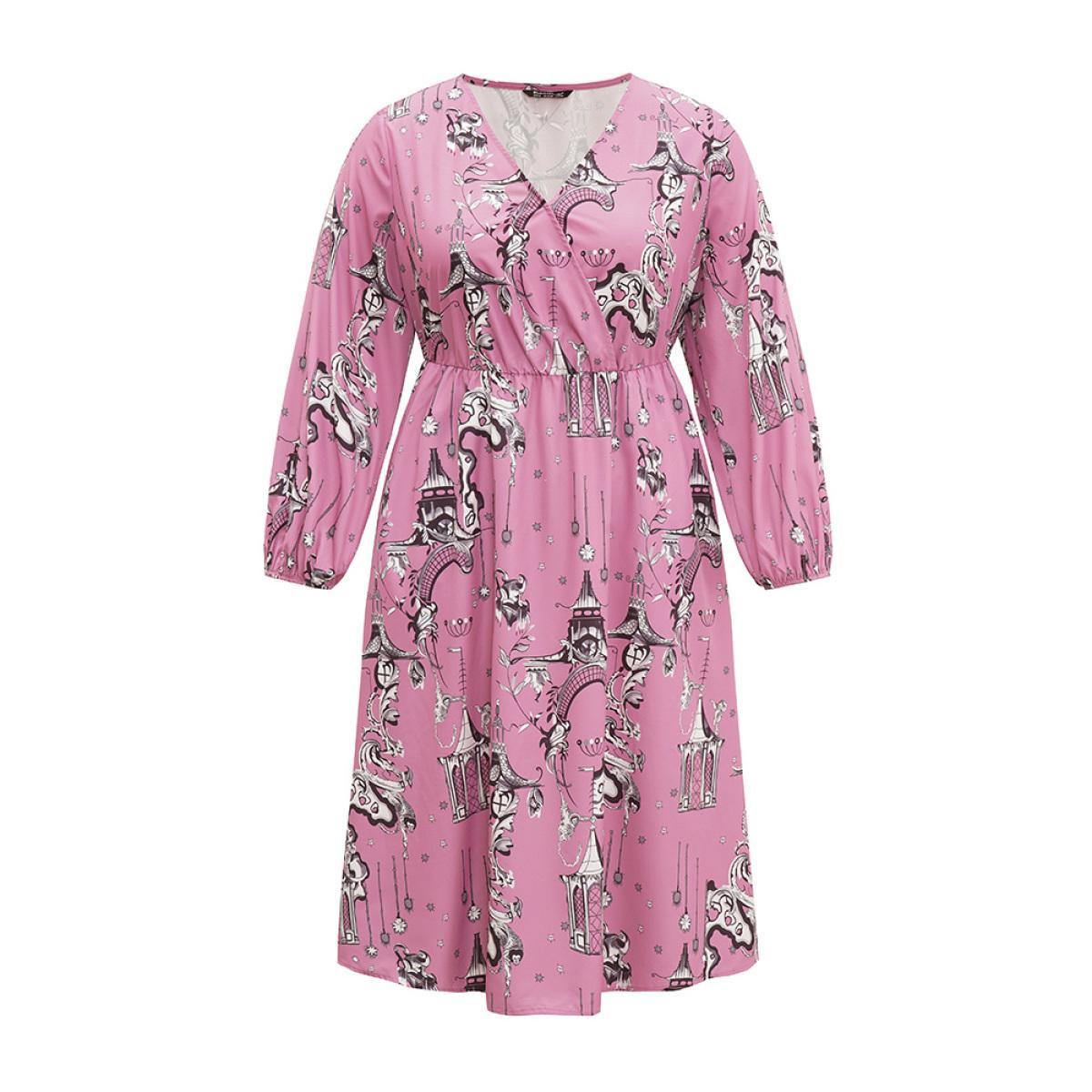 Plus Size Halloween Print Chiffon Lantern Sleeve Wrap Dress Watermelon Women Elegant Elastic cuffs V-neck Long Sleeve Curvy Midi Dress BloomChic 18-20/2X Product Image