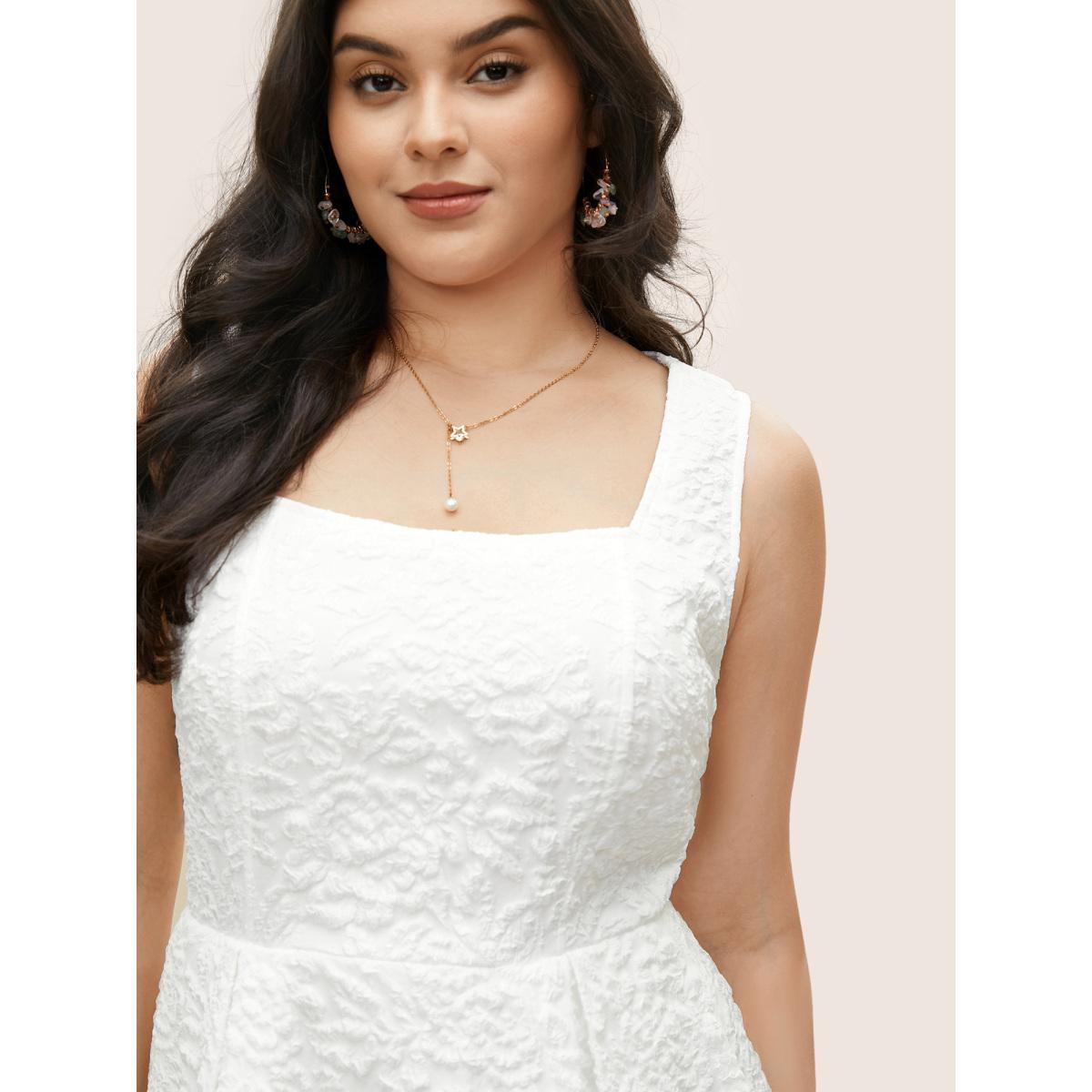 Plus Size Textured Solid Pocket Square Neck Tank Dress White Women Elegant Texture Square Neck Sleeveless Curvy Midi Dress BloomChic 26/4X Product Image