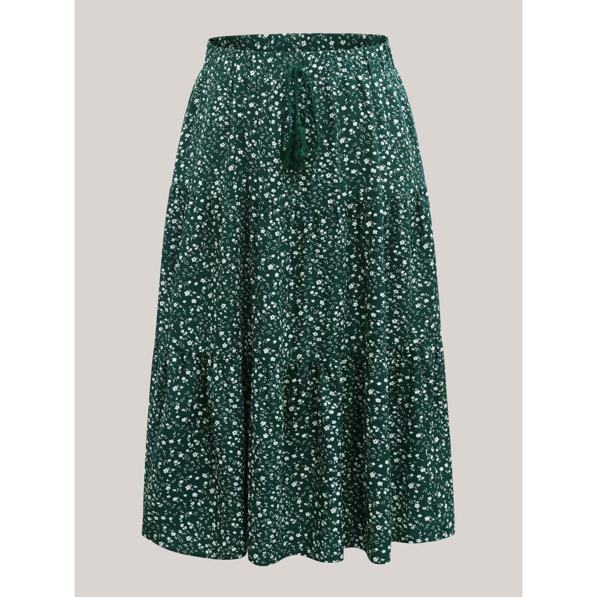 Plus Size Ditsy Floral Print Tiered Tied Maxi Skirt Women Emerald Loose No stretch Side seam pocket Vacation Skirts BloomChic 28/5X Product Image