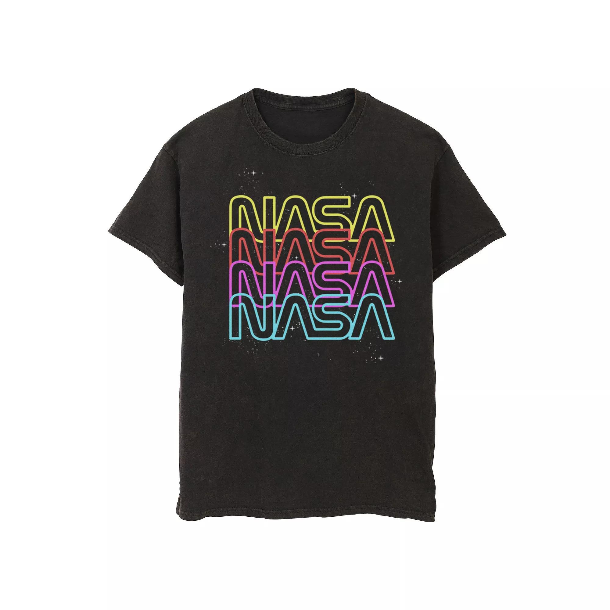 Men's NASA Neon Rainbow Repeat Text Logo Graphic Tee, Size: Large, Black Product Image