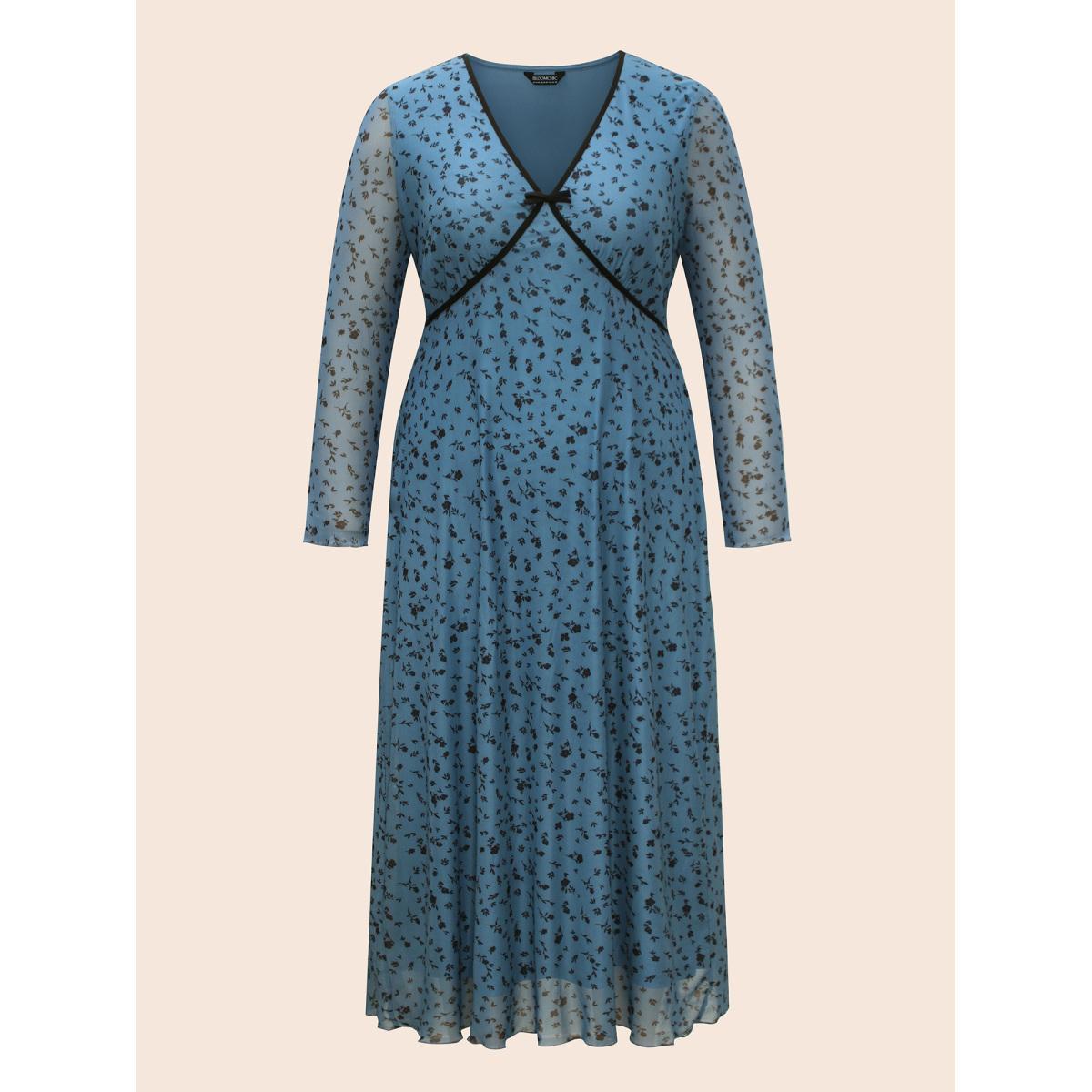 Plus Size Ditsy Floral Bowknot Patchwork Mesh Dress Cerulean Women Elegant Woven ribbon&lace trim V-neck Long Sleeve Curvy BloomChic 26/4X Product Image