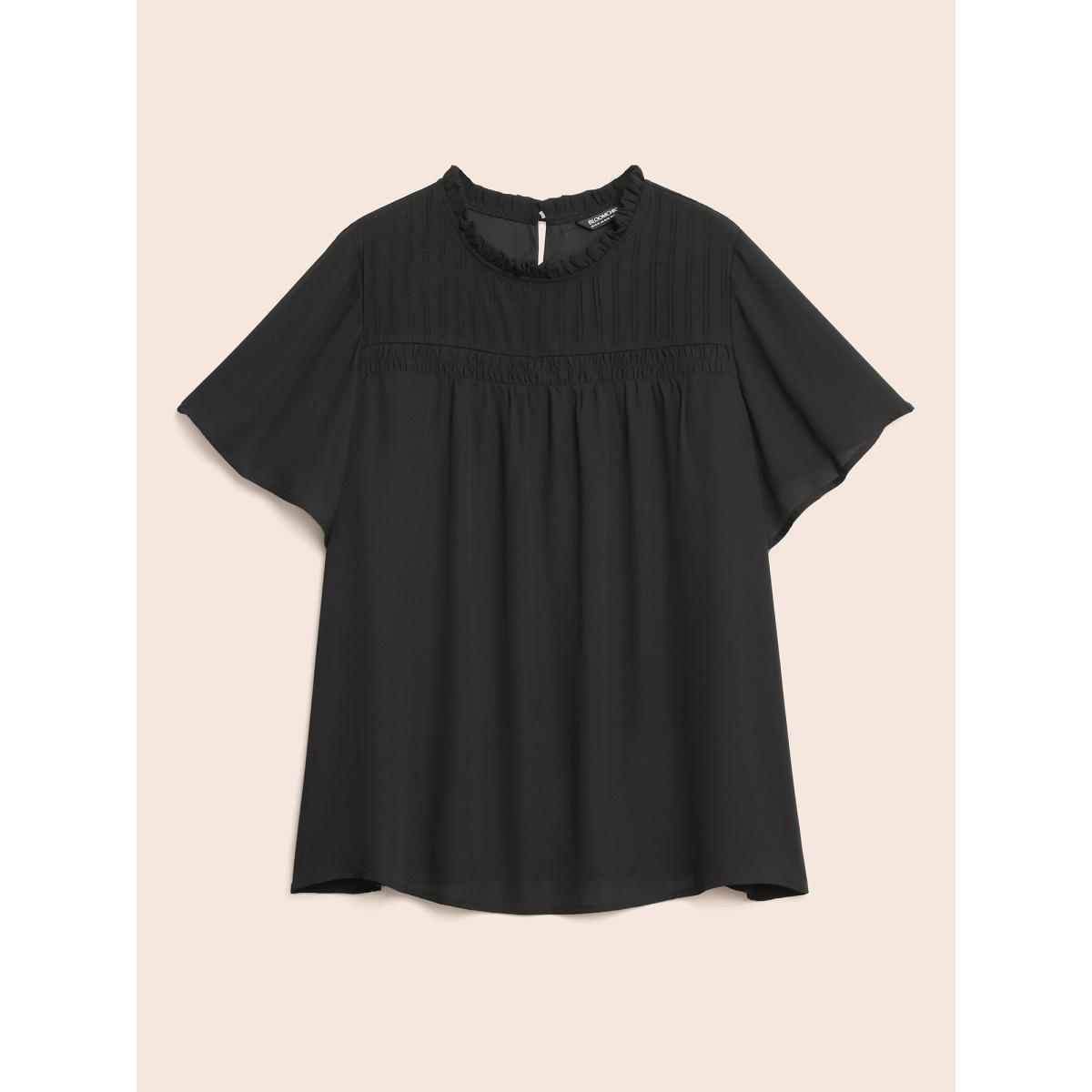 Plus Size Black Anti-Wrinkle Shirred Ruffle Sleeve Mesh Frill Trim Blouse Women Office Short sleeve Stand-up collar Work Blouses BloomChic 14-16/1X Product Image