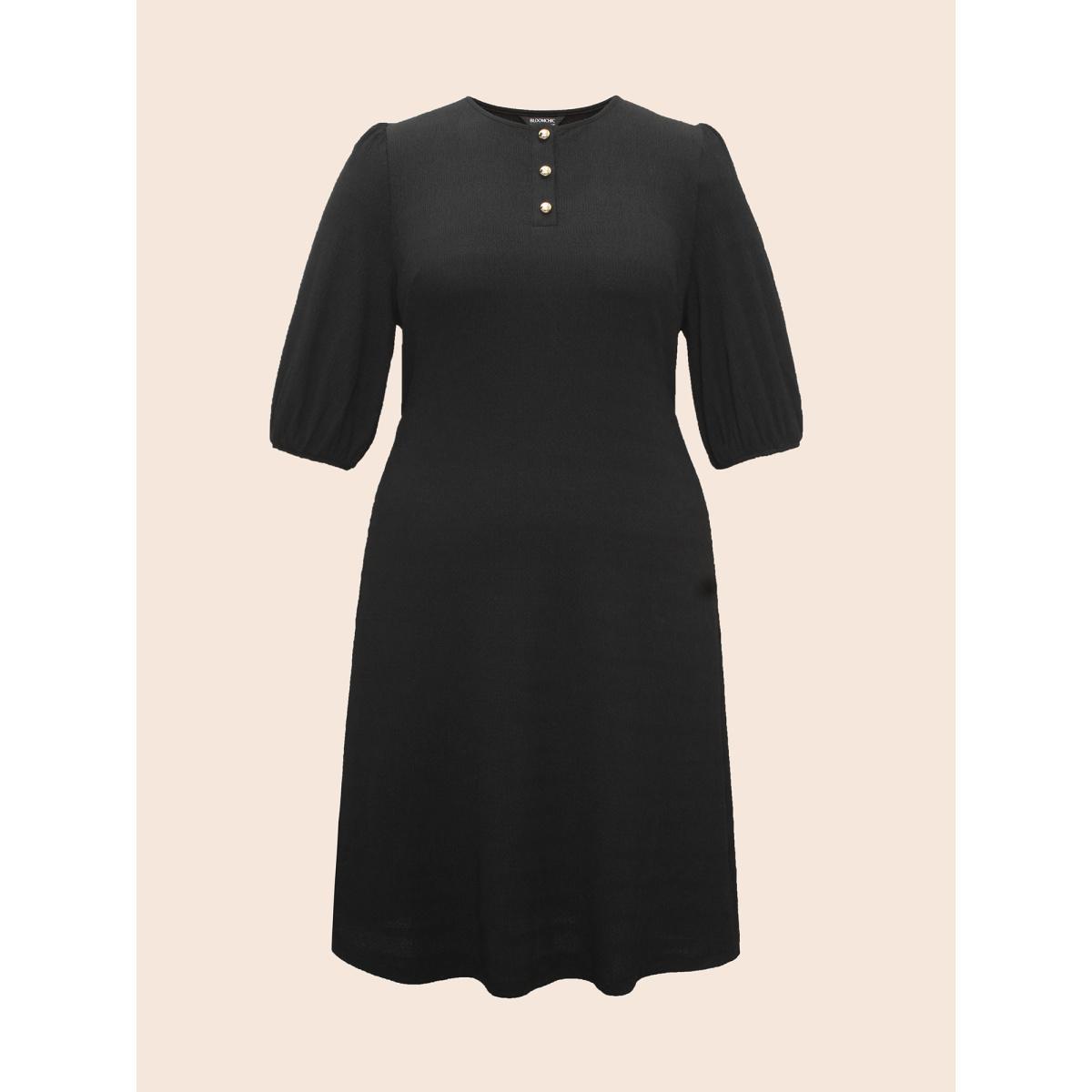 Plus Size Texture Button Up Puff Sleeve Dress Black Women Casual Texture Round Neck Half Sleeve Curvy BloomChic 26/4X Product Image