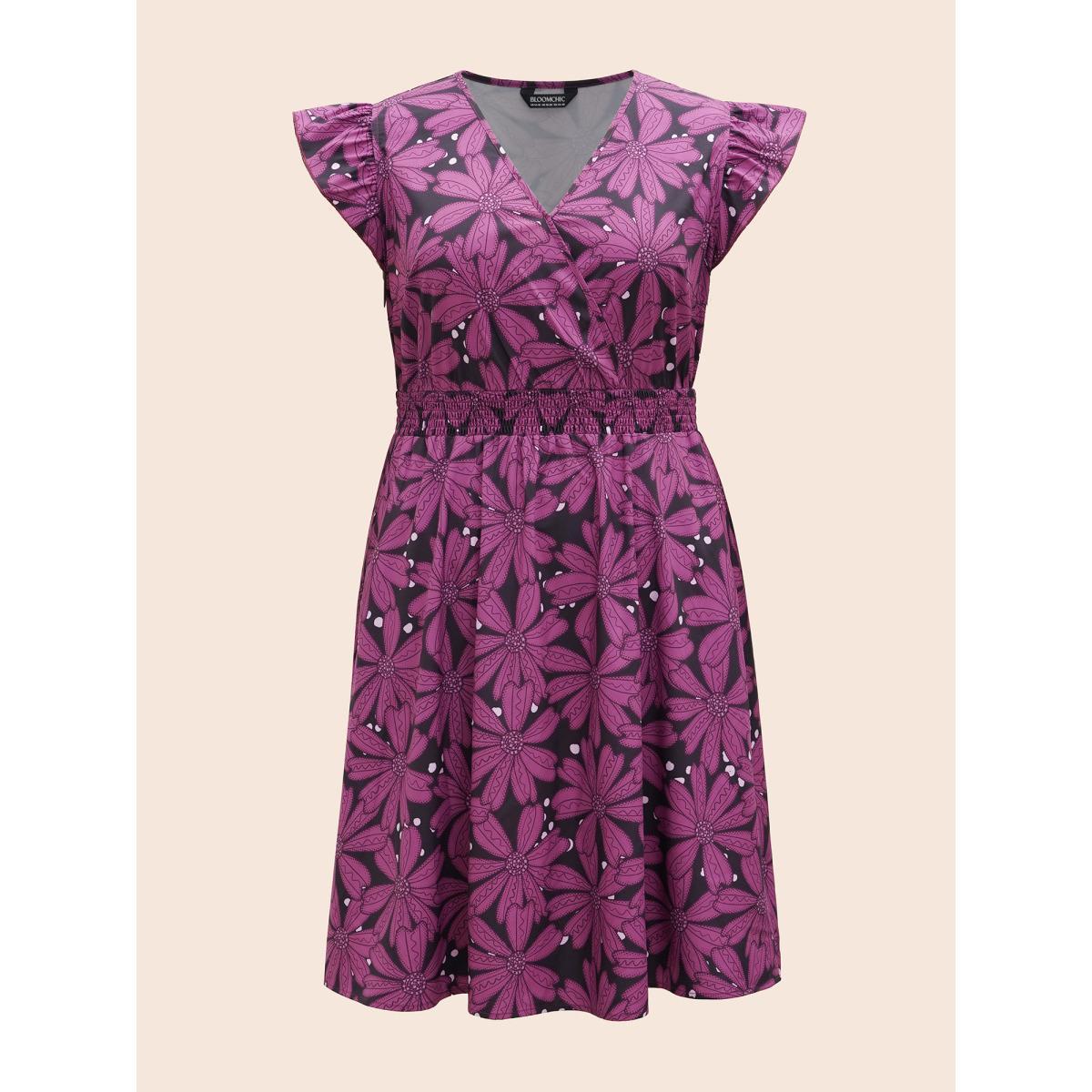 Plus Size Surplice Neck Floral Shirred Elastic Waist Midi Dress DarkViolet Women Elegant Shirred Overlap Collar Cap Sleeve Curvy BloomChic 10/M Product Image