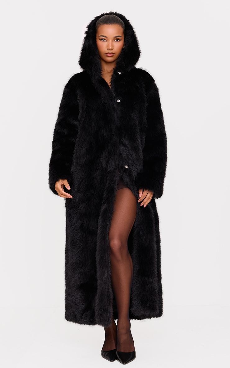 Black Hooded Faux Fur Maxi Coat Product Image