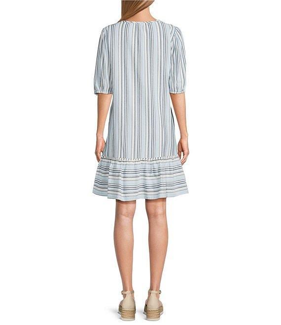 Nurture Petite Size Stripe Elbow Sleeve V-Neck Short A-Line Dress Product Image