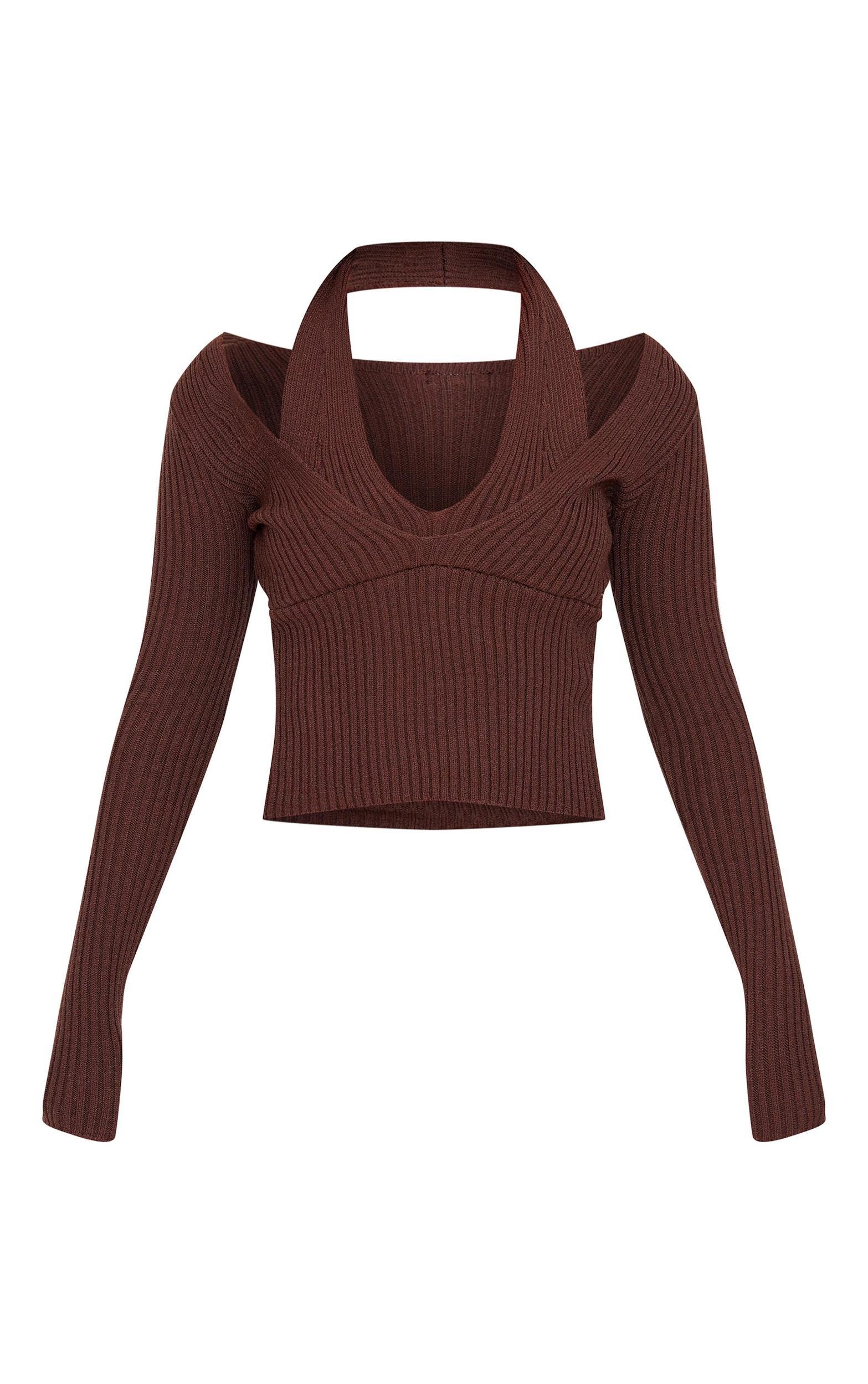 Chocolate Double Layer Rib Knit Long Sleeve Top Product Image
