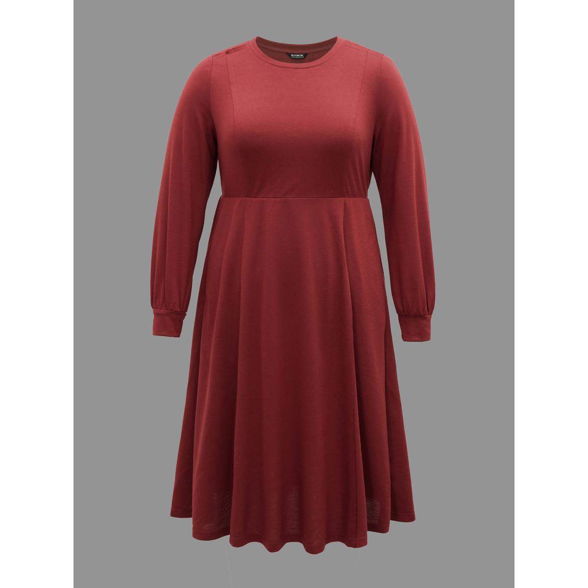 Plus Size Solid Round Neck Midi Knit Dress Burgundy Women Casual Non Knit Dresses Bloomchic 30/6X Product Image