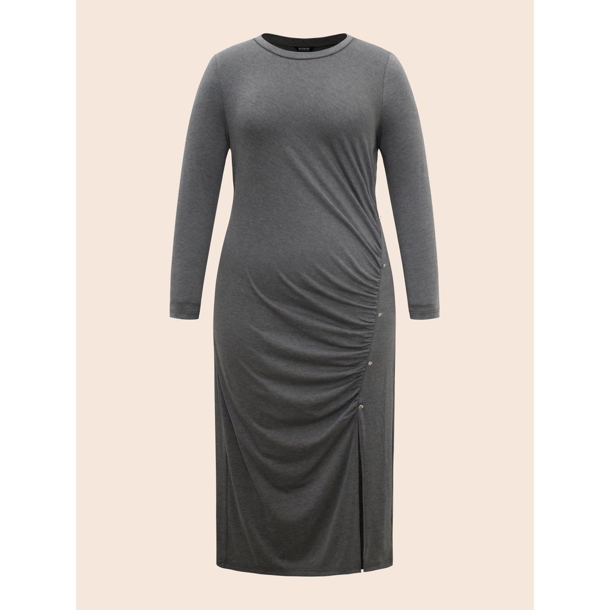 Plus Size Solid Ruched Split Hem Dress DimGray Women Elegant Gathered Round Neck Long Sleeve Curvy BloomChic 30/6X Product Image