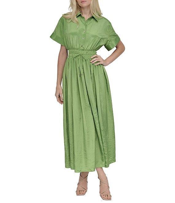 DKNY by Donna Karan Point Collar Neck Short Sleeve Cinch Waist Button Front Shirt Maxi Dress Product Image