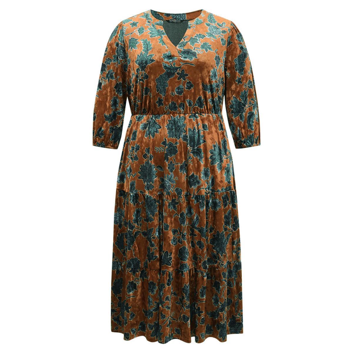 Plus Size Velvet Floral Print Notched Lantern Sleeve Dress Chocolate Women Casual Velvet Notched collar Elbow-length sleeve Curvy Midi Dress BloomChic 14-16/1X Product Image