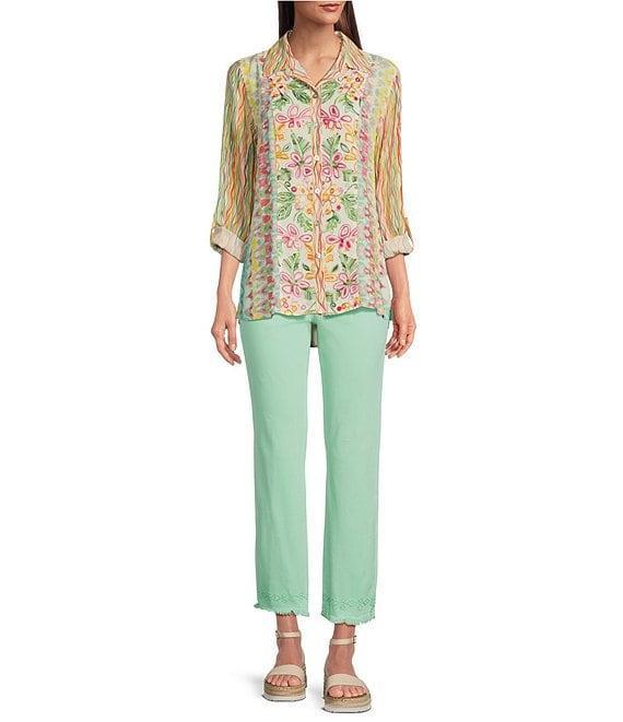 John Mark Embroidered Mixed Print Point Collar 3/4 Roll-Tab Sleeve Button Front Tunic Product Image