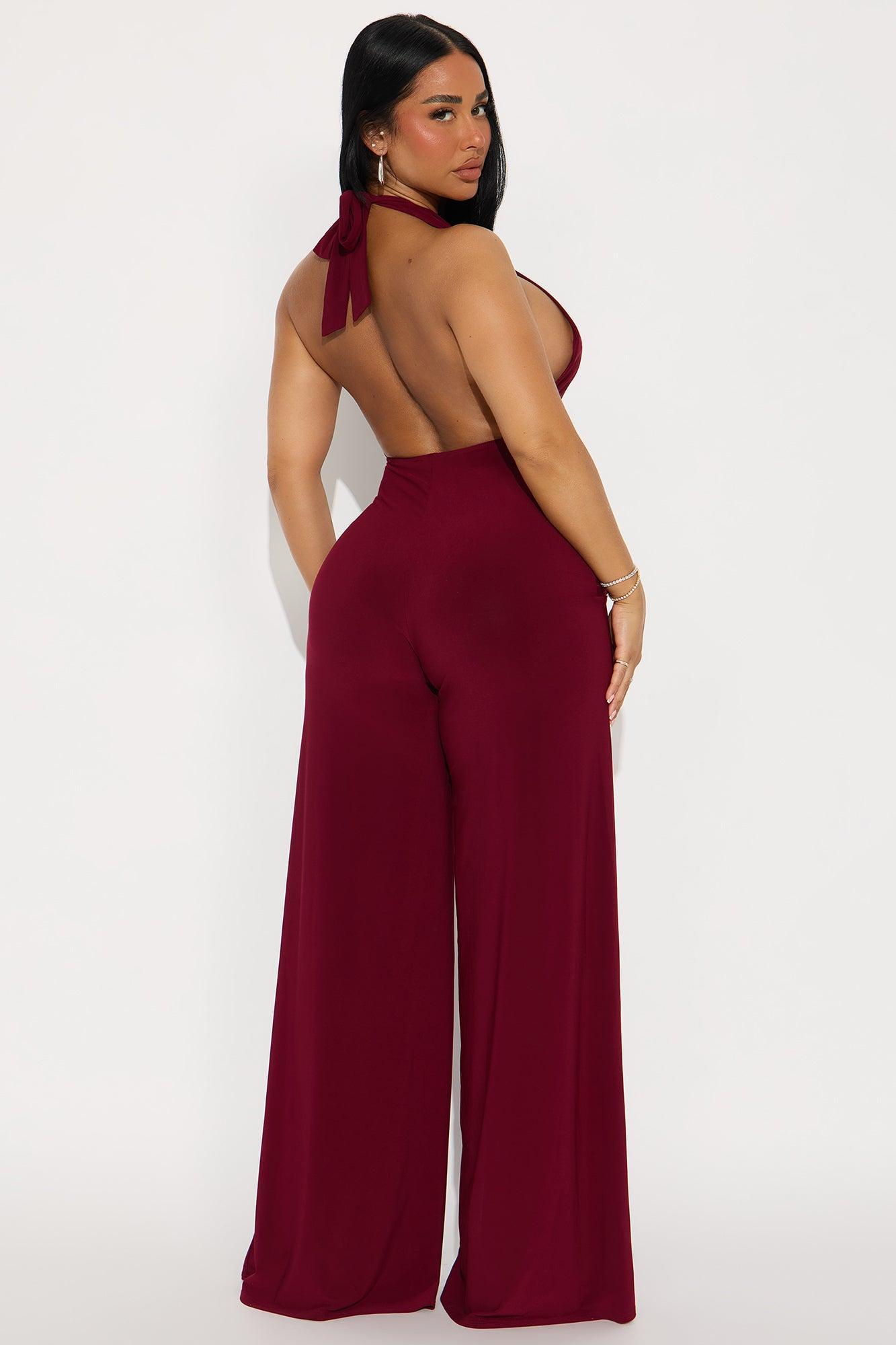 Liana Halter Wide Leg Jumpsuit - Burgundy Product Image