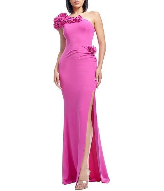 Dress the Population Aubrielle 3D Floral Asymmetrical Neck One Shoulder Short Sleeve Side Slit Gown Product Image
