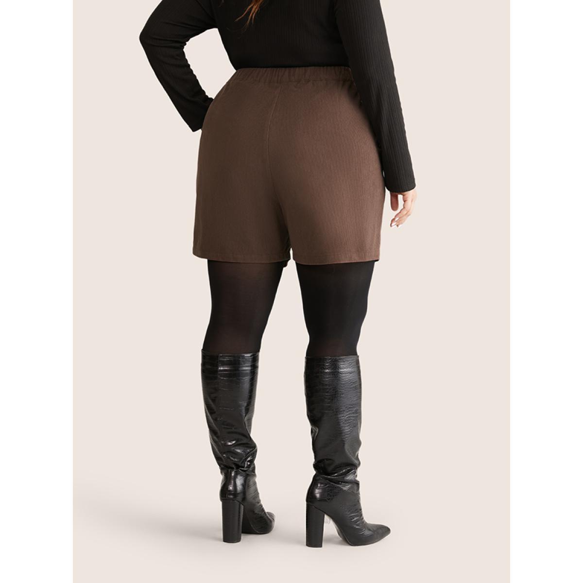 Plus Size Solid Corduroy Plicated Detail Shorts Women DarkBrown Office Texture Work Shorts BloomChic 26/4X Product Image