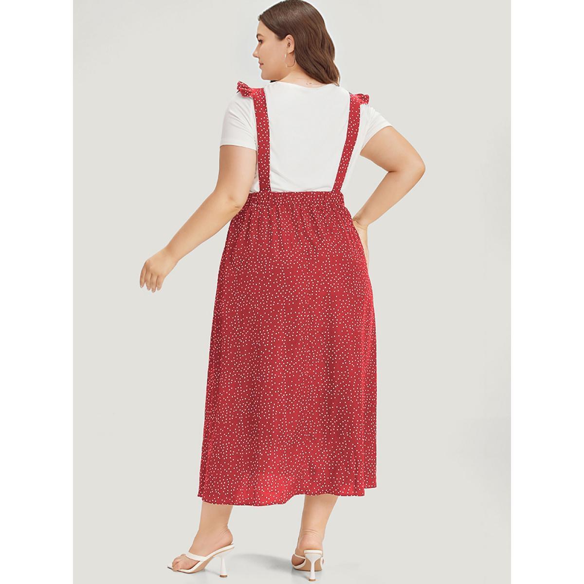 Plus Size Polka Dot Pocket Flutter Trim Overall Dress Burgundy Women Casual Elastic Waist Spaghetti Strap Sleeveless Curvy Midi Dress BloomChic 26/4X Product Image