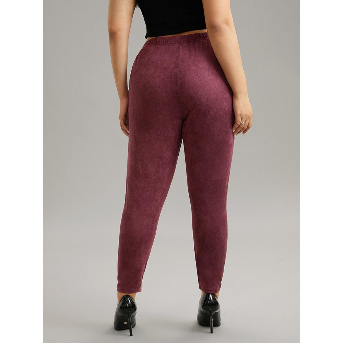 Plus Size Solid Elastic Waist Texture Very Stretchy Leggings Women Burgundy Elegant High stretch Skinny High Rise Dailywear Leggings BloomChic 30/6X Product Image