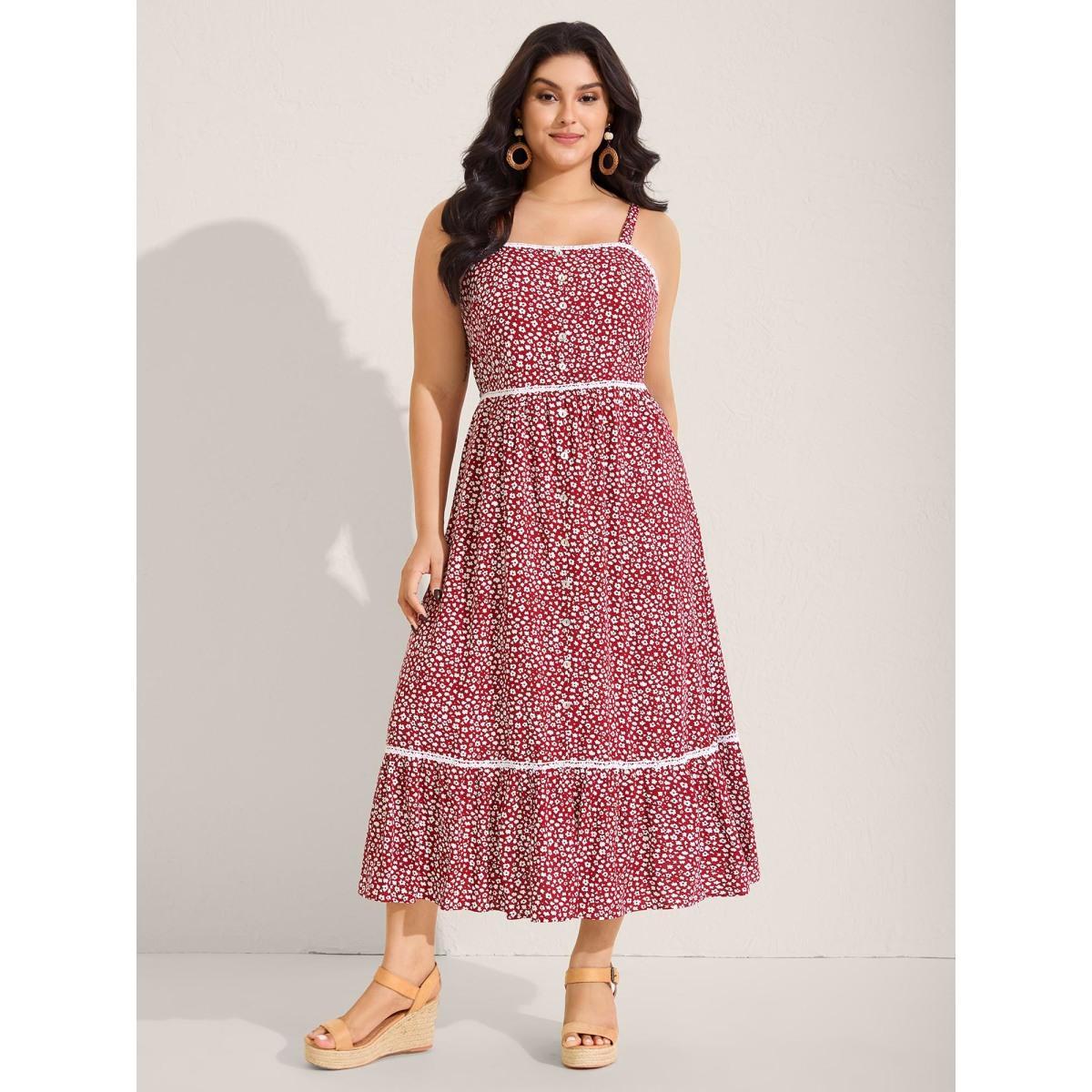 Plus Size Ditsy Floral Print Lace Trim Cami Dress Burgundy Women Square Neck Sleeveless Curvy BloomChic 18-20/2X Product Image