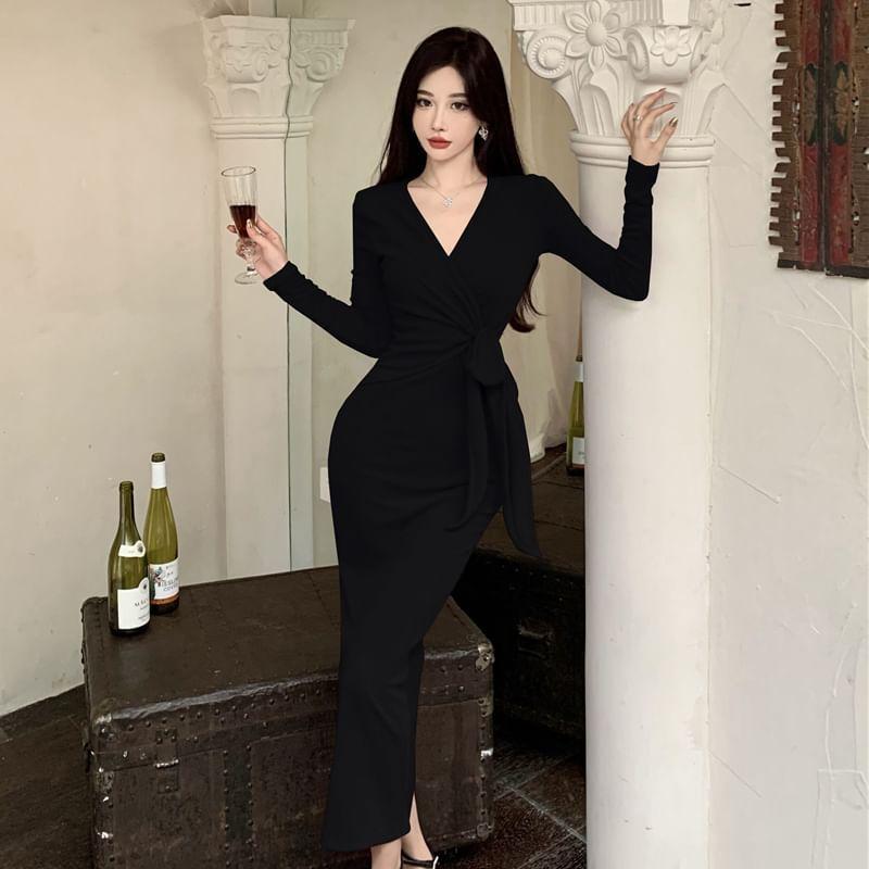 Long-Sleeve V-Neck Wrapped Plain Maxi Sheath Dress Product Image