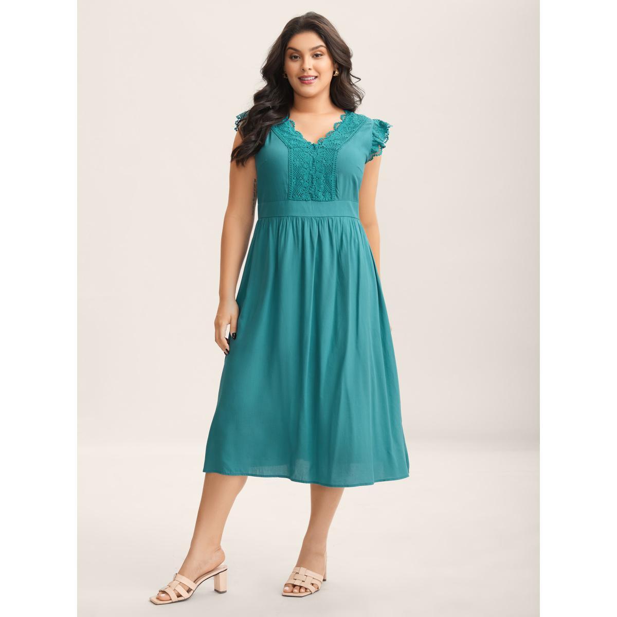 Plus Size Lace Detail Pockets Flutter Sleeve Midi Dress Turquoise Women V-neck Cap Sleeve Curvy BloomChic 28/5X Product Image