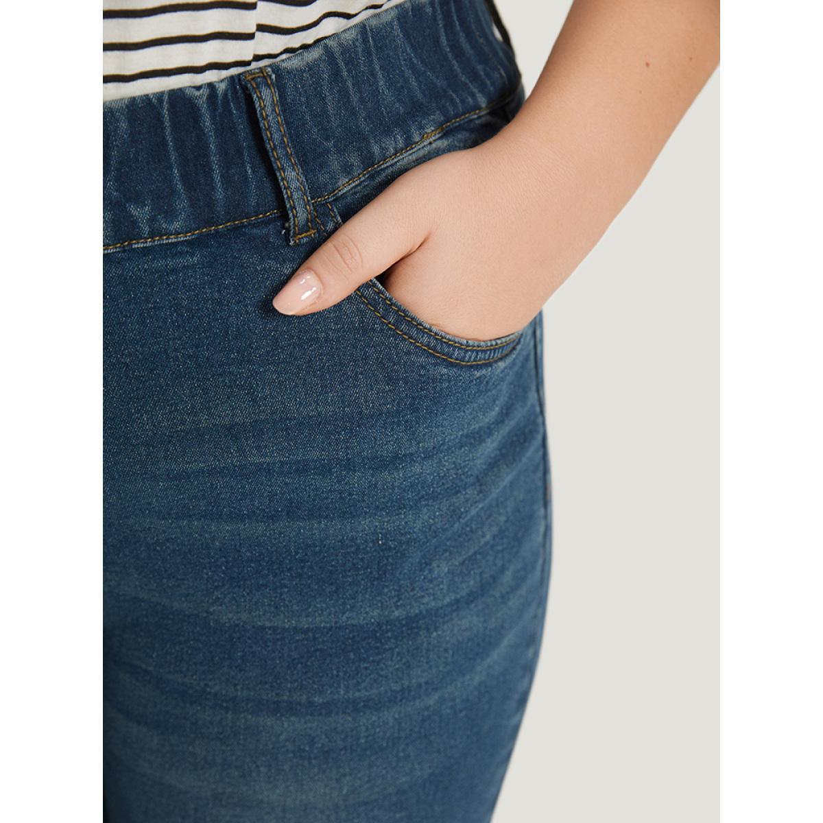 Plus Size Plain Elastic Waist Medium Wash Roll Hem Jeans Women Indigo Casual Plain Plain High stretch Pocket Jeans BloomChic 24/3X Product Image