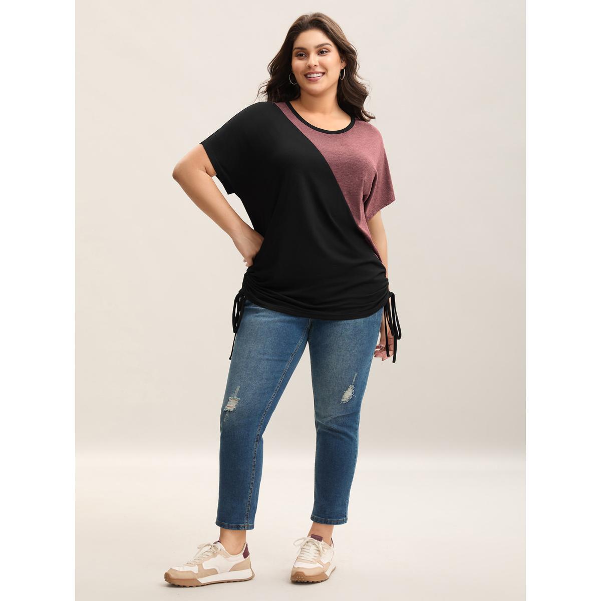 Plus Size Color Block Ruched Drawstring T-Shirt Black Women Casual Contrast Round Neck Everyday T-shirts BloomChic 22-24/3X Product Image