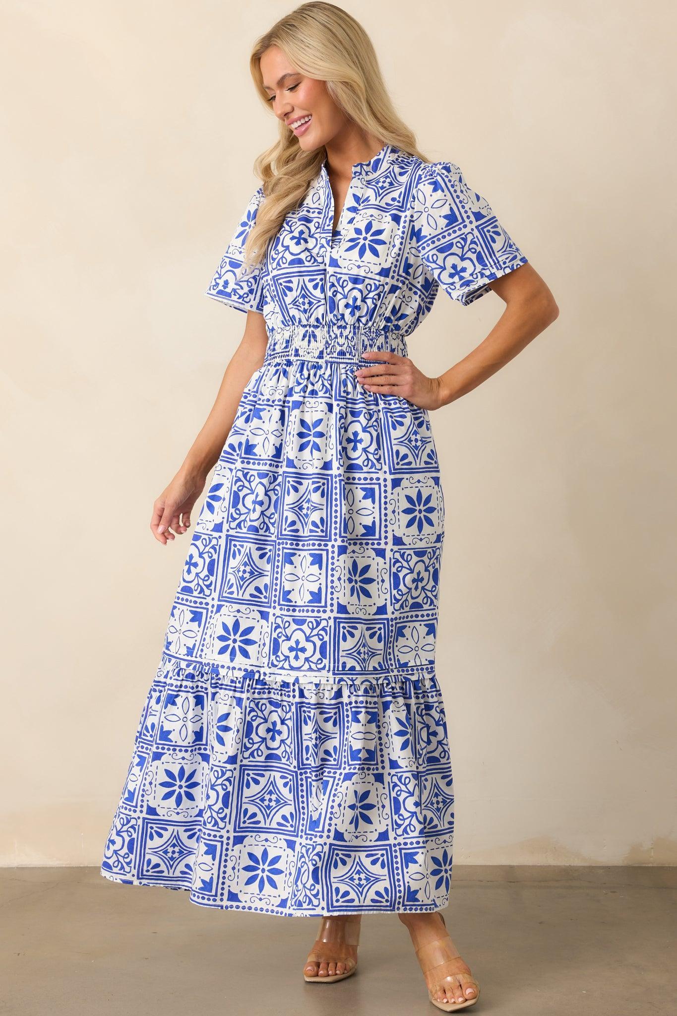 Serene Whispers Blue Sicilian Tile Print Cotton Maxi Dress Product Image