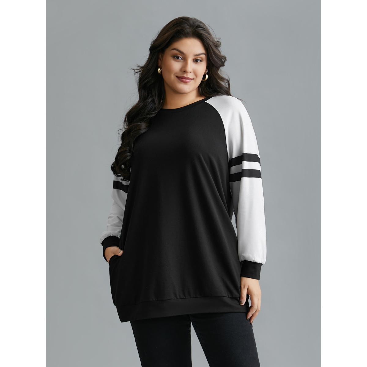 Plus Size Color Block Raglan Sleeve Stretchy Sweatshirt Women Black Casual Contrast Round Neck Everyday Sweatshirts BloomChic 18-20/2X Product Image