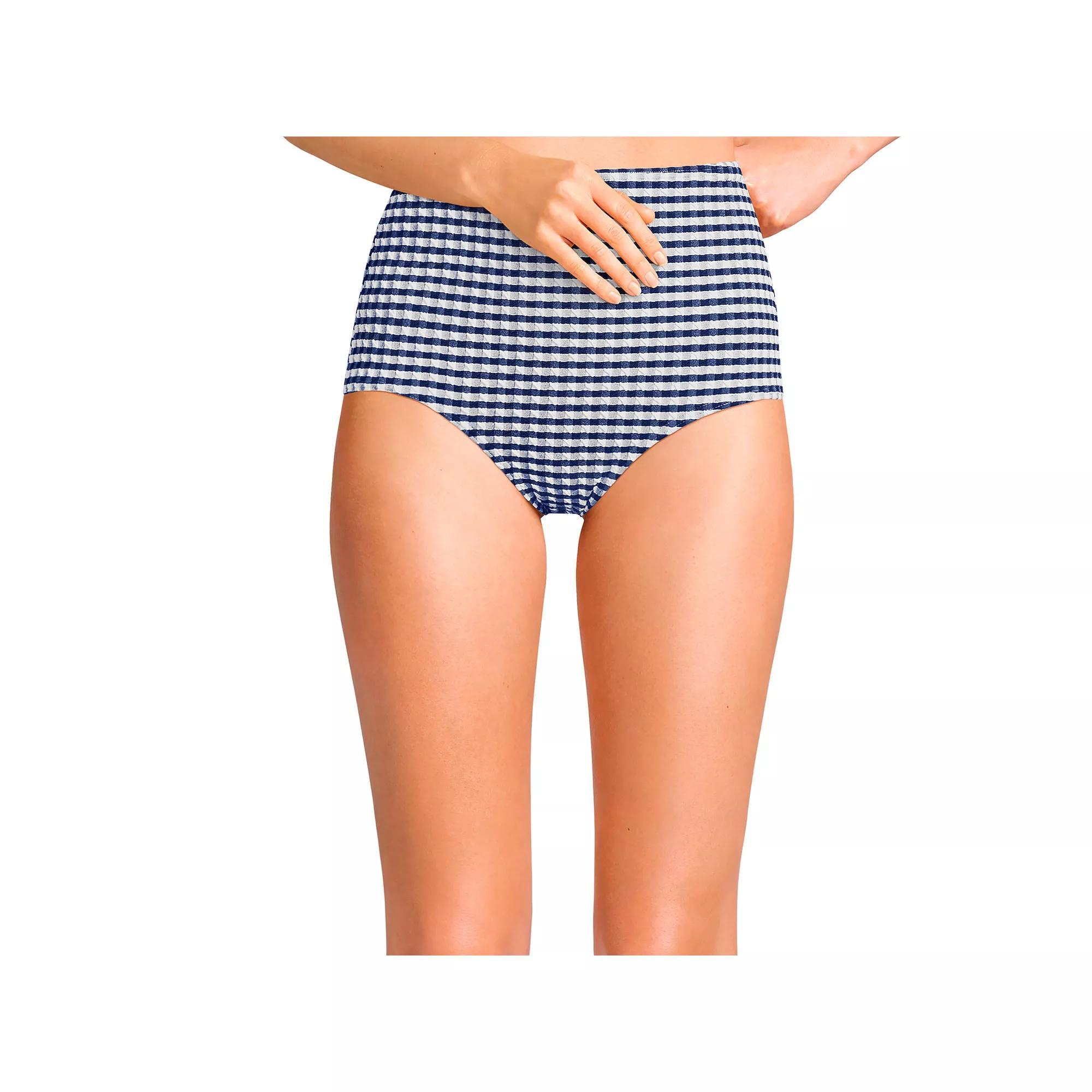 Women's Lands' End Gingham High Waisted Tummy Slimming Tugless Bikini Bottoms, Size: Large, Navy White Gingham Product Image