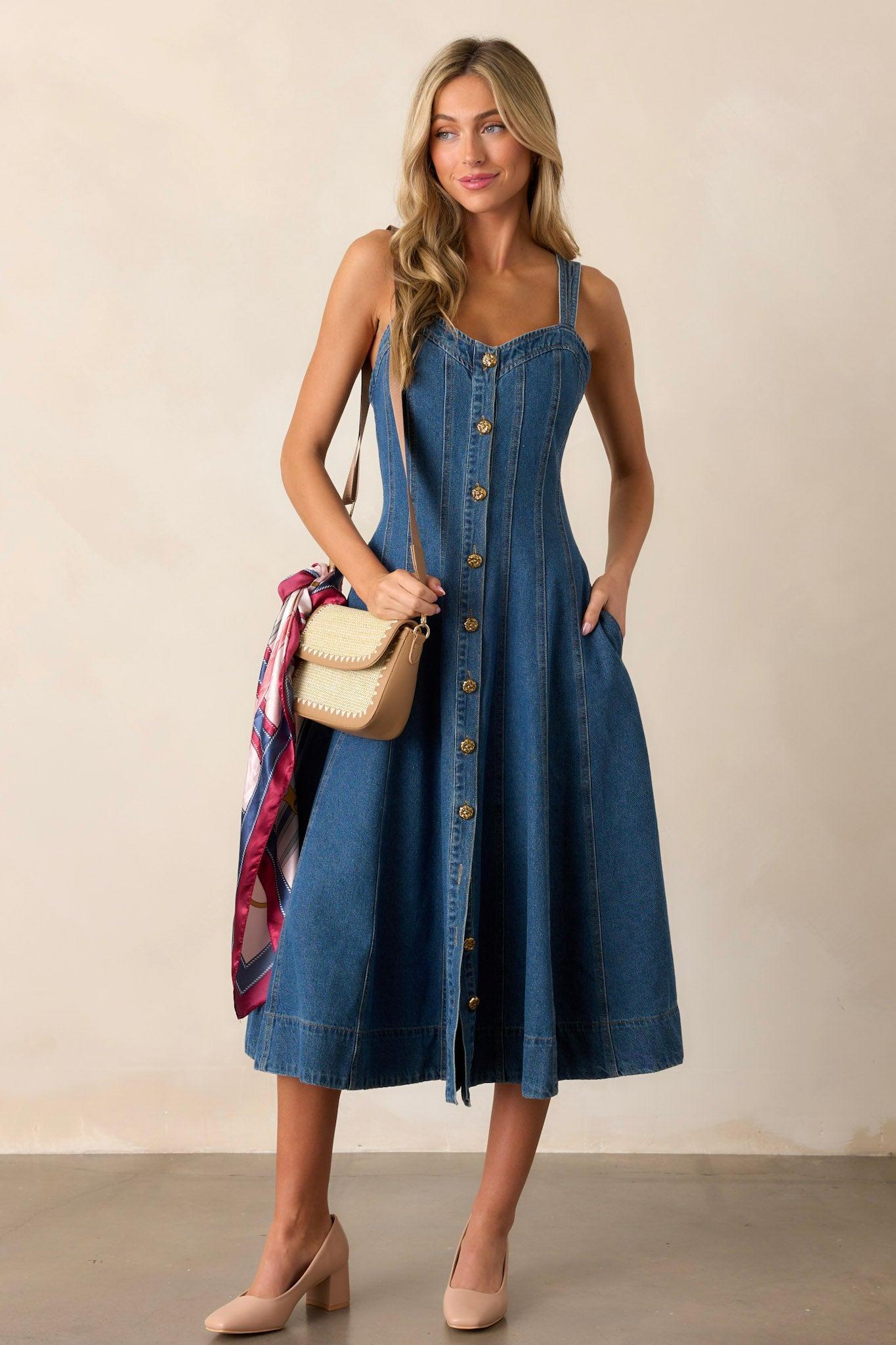 Quiet Moments Dark Wash Denim Midi Dress Product Image
