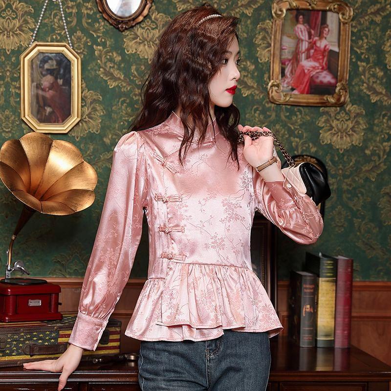Puff-Sleeve High Neck Floral Jacquard Frog Buttoned Blouse Product Image