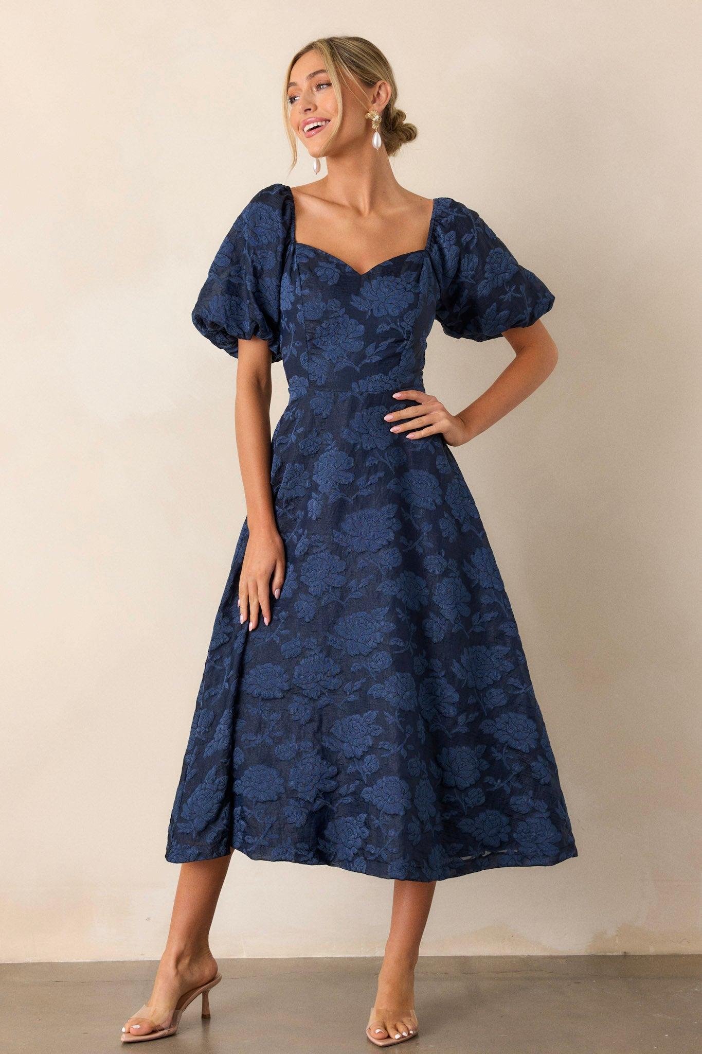Starlit Evenings Navy Floral Jacquard Midi Dress Product Image