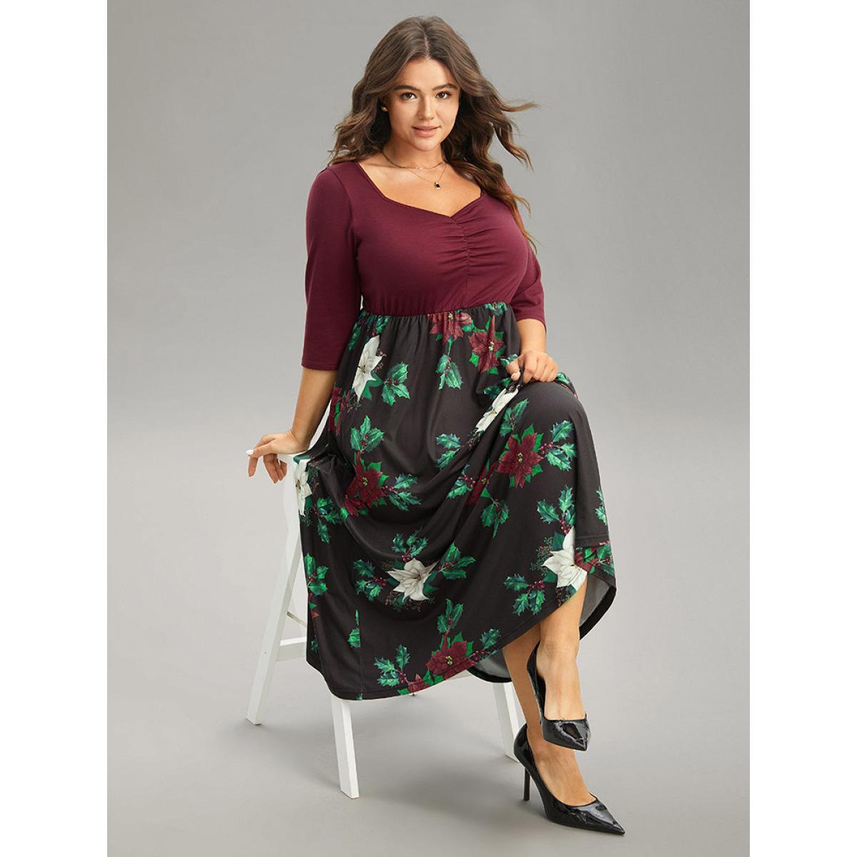 Plus Size Floral Patchwork Elastic Waist Ruched Dress Scarlet Women Office Gathered Square Neck Long Sleeve Curvy Midi Dress BloomChic 18-20/2X Product Image