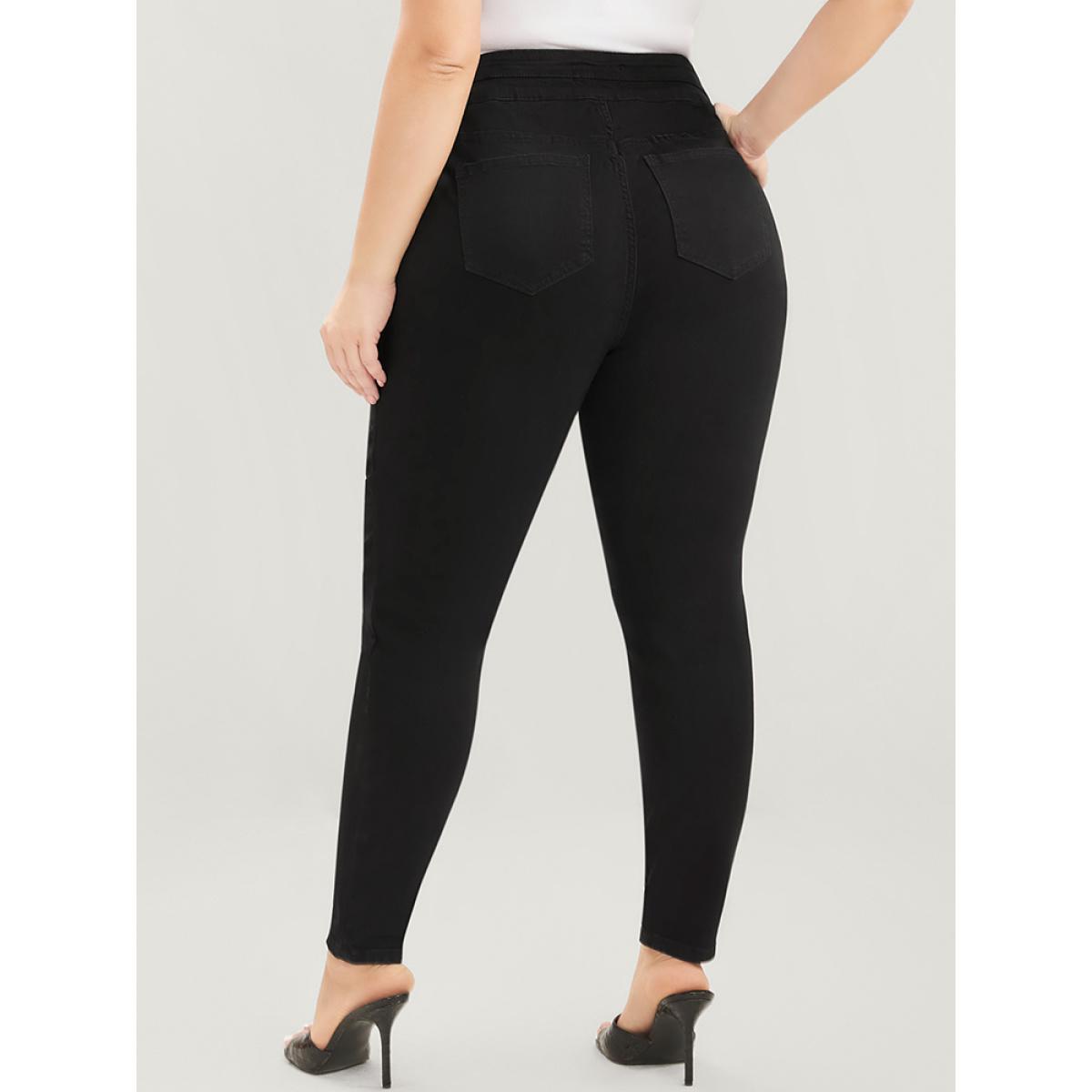 Plus Size Skinny Slightly Stretchy High Rise Black Wash Button Detail Pocket Jeans Women Black Casual Plain Plain Low stretch Pocket Jeans BloomChic 16/1X Product Image